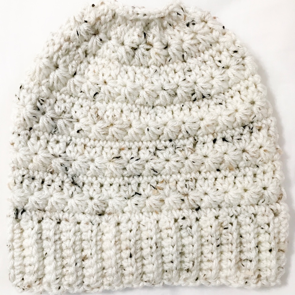 Crocheted messy bun/ponytail beanie